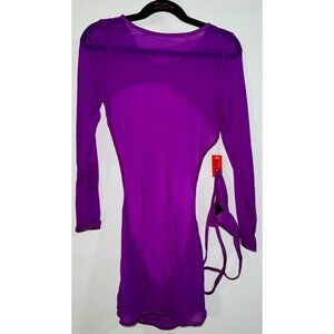 Purple Sheer Mesh Womens Dress With Long Sleeves back Cutout & Matching Thong